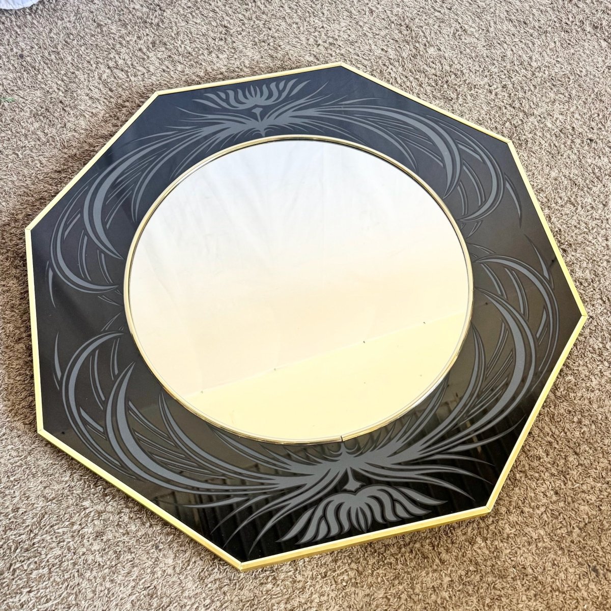 Postmodern Framed and Etched Octagonal Wall Mirror by Richard Sandoval - Dolphin & Flamingo