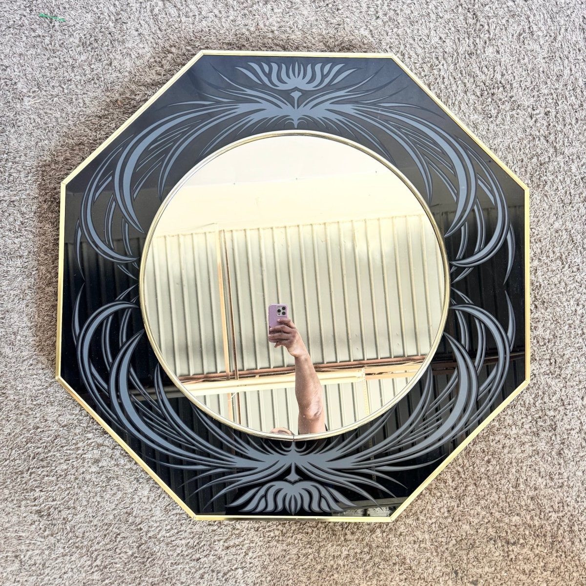 Postmodern Framed and Etched Octagonal Wall Mirror by Richard Sandoval - Dolphin & Flamingo