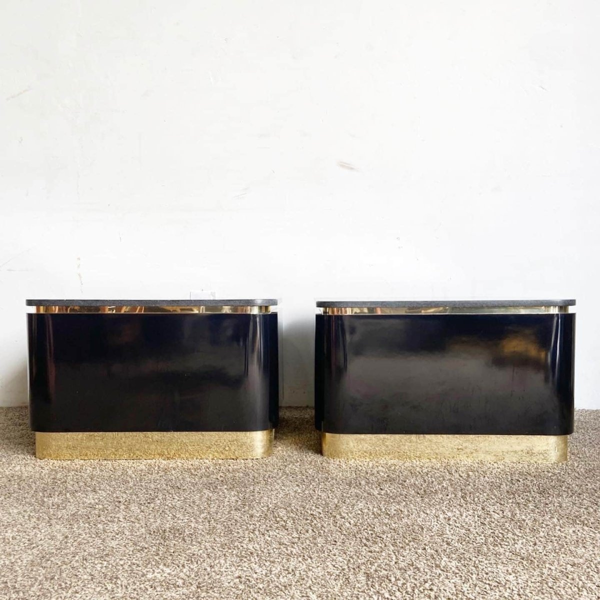 Postmodern Granite Top Black Lacquer Laminate and Gold Side Tables - Dolphin & Flamingo