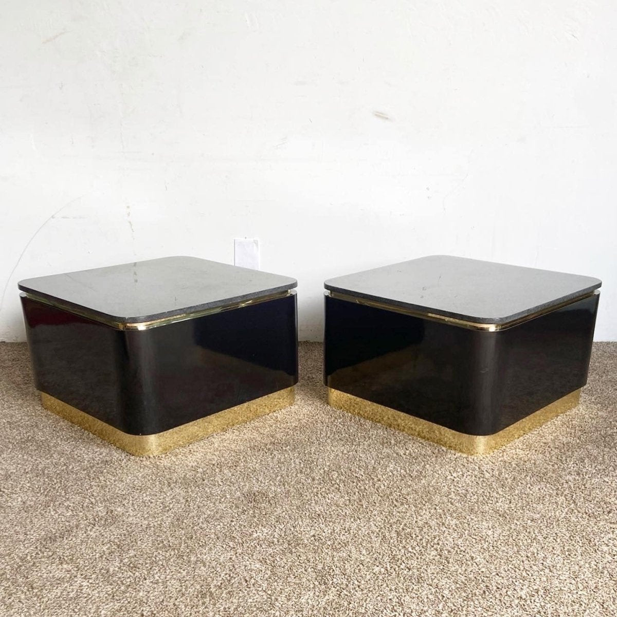 Postmodern Granite Top Black Lacquer Laminate and Gold Side Tables - Dolphin & Flamingo