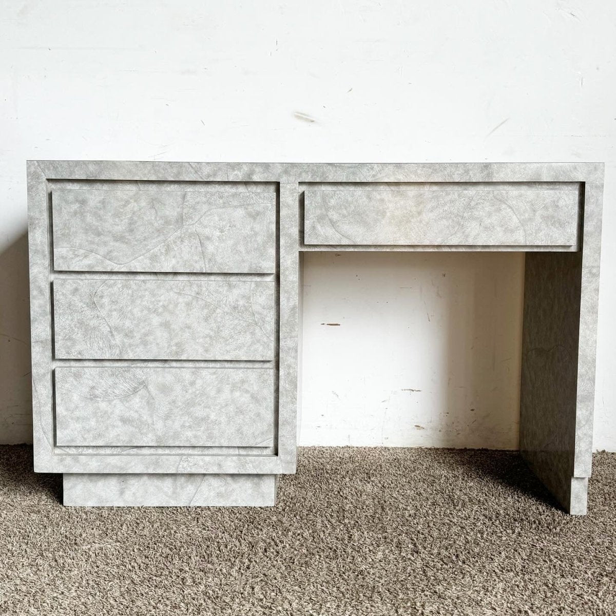 Postmodern Gray Faux Stone Laminate Writing Desk - 4 Drawers - Dolphin & Flamingo
