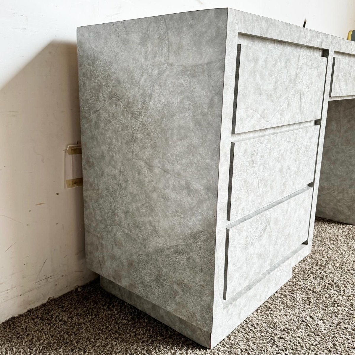Postmodern Gray Faux Stone Laminate Writing Desk - 4 Drawers - Dolphin & Flamingo