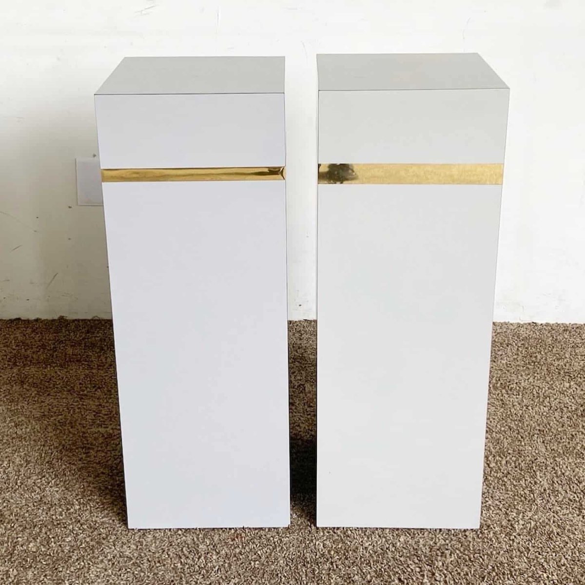 Postmodern Gray Lacquer Laminate and Gold Rectangular Pedestals - a Pair - Dolphin & Flamingo