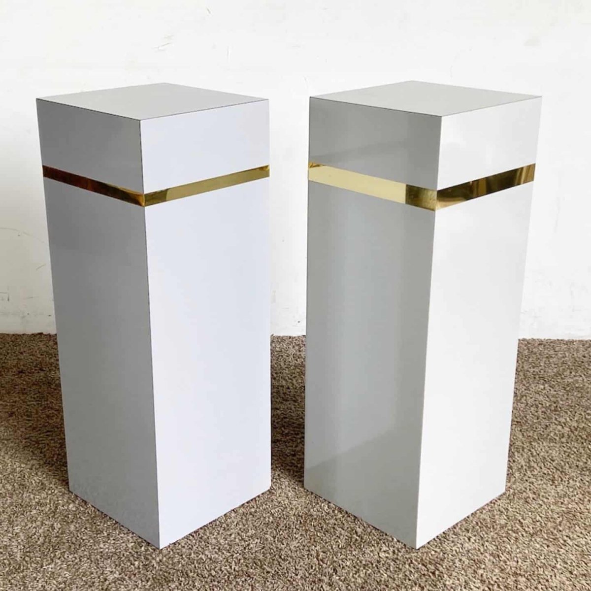 Postmodern Gray Lacquer Laminate and Gold Rectangular Pedestals - a Pair - Dolphin & Flamingo