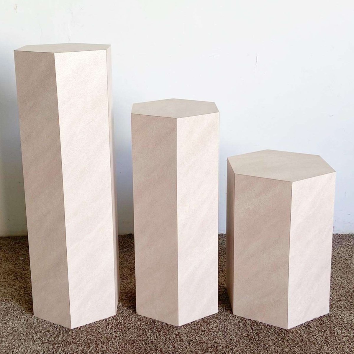 Postmodern Lavender Textured Laminate Hexagonal Nesting Side Tables/Pedestals - Dolphin & Flamingo