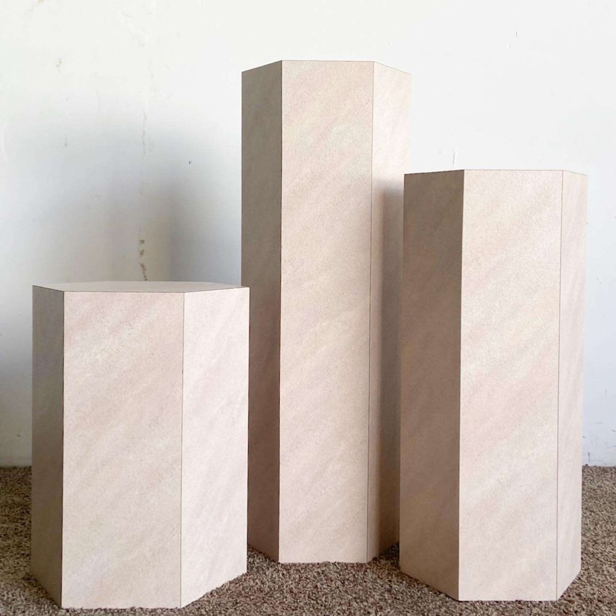 Postmodern Lavender Textured Laminate Hexagonal Nesting Side Tables/Pedestals - Dolphin & Flamingo