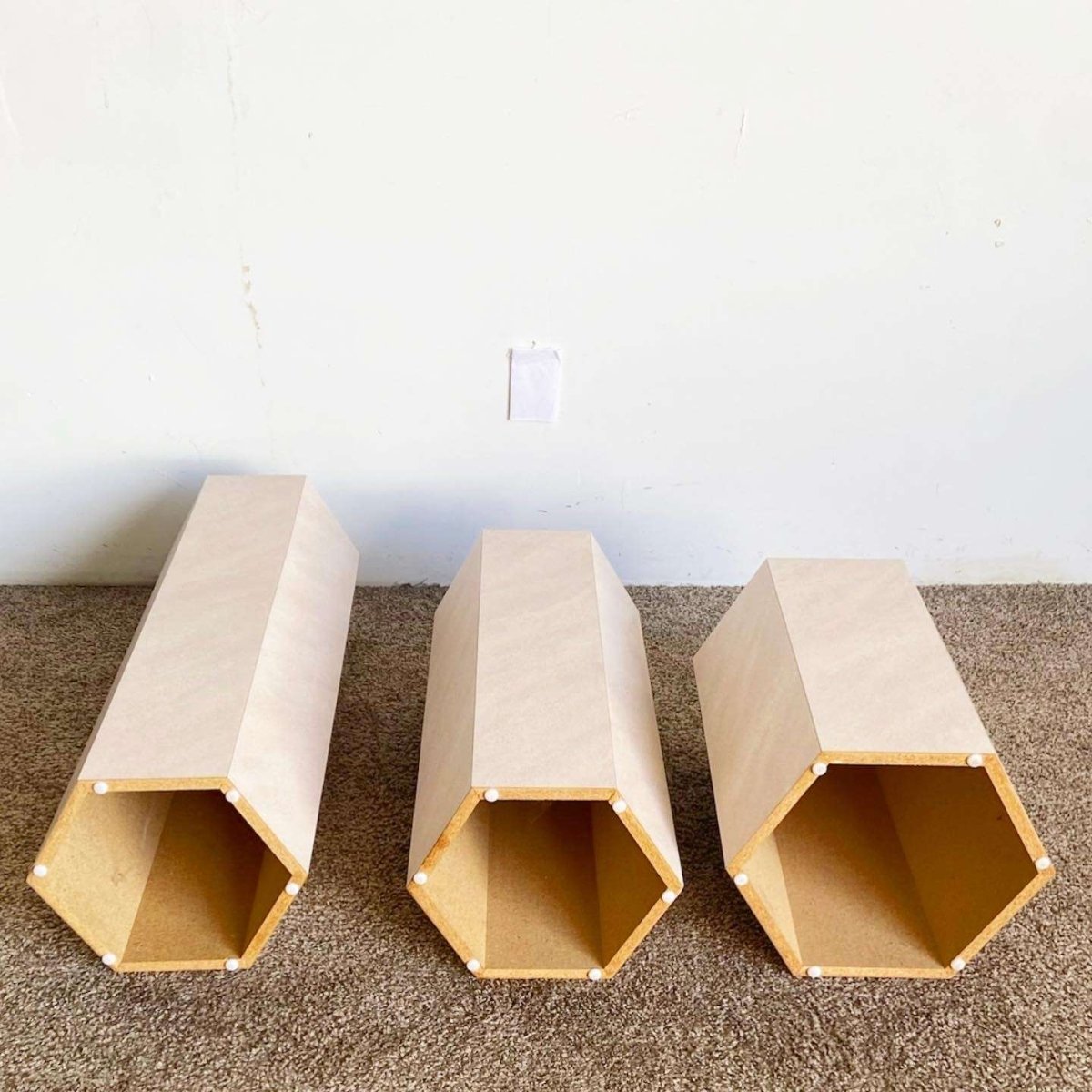 Postmodern Lavender Textured Laminate Hexagonal Nesting Side Tables/Pedestals - Dolphin & Flamingo