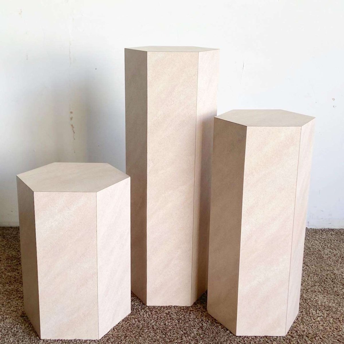 Postmodern Lavender Textured Laminate Hexagonal Nesting Side Tables/Pedestals - Dolphin & Flamingo
