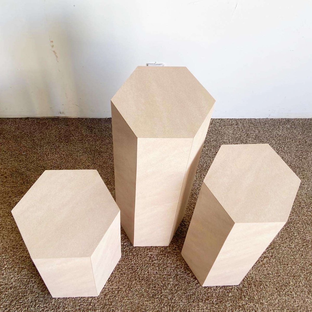 Postmodern Lavender Textured Laminate Hexagonal Nesting Side Tables/Pedestals - Dolphin & Flamingo