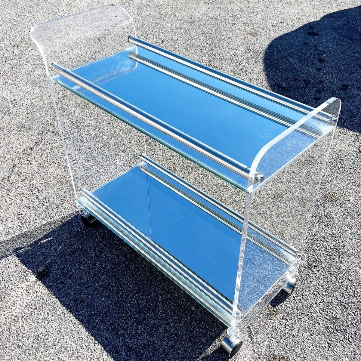 Postmodern Lucite Mirrored Bar Cart - Dolphin & Flamingo