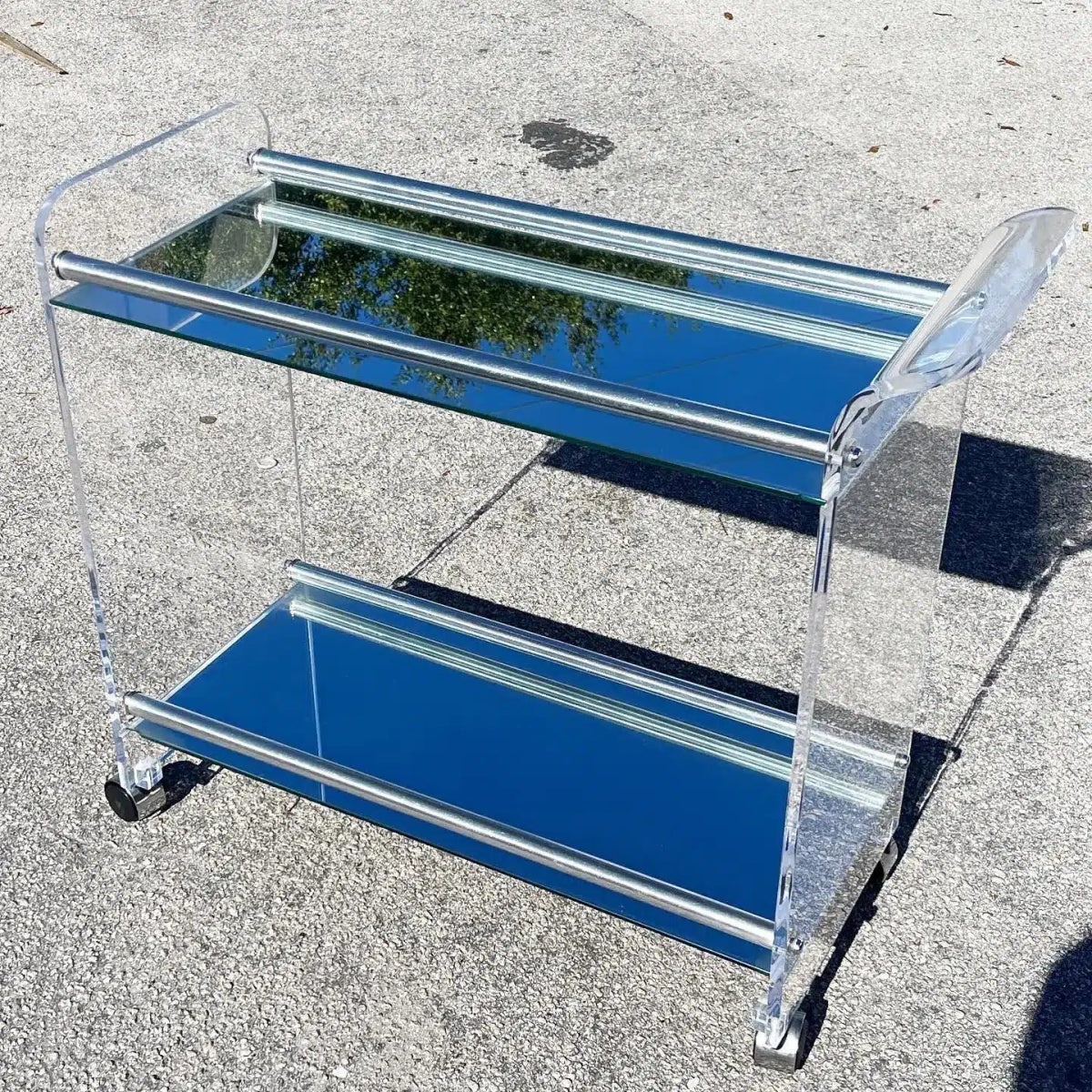 Postmodern Lucite Mirrored Bar Cart - Dolphin & Flamingo