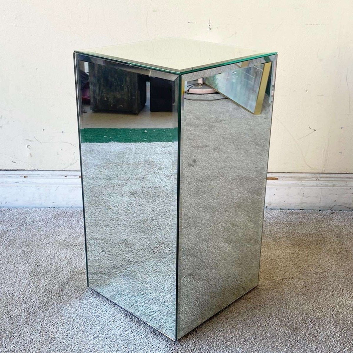Postmodern Mirrored Pedestal Side Table - Dolphin & Flamingo