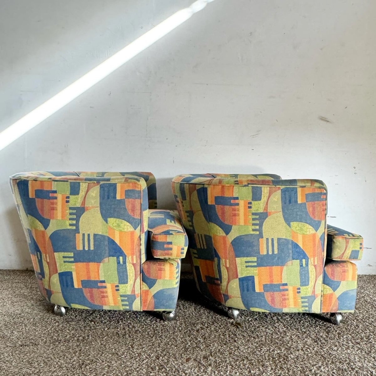 Postmodern Multi Color Barrel Chairs in Chrome Casters - Dolphin & Flamingo