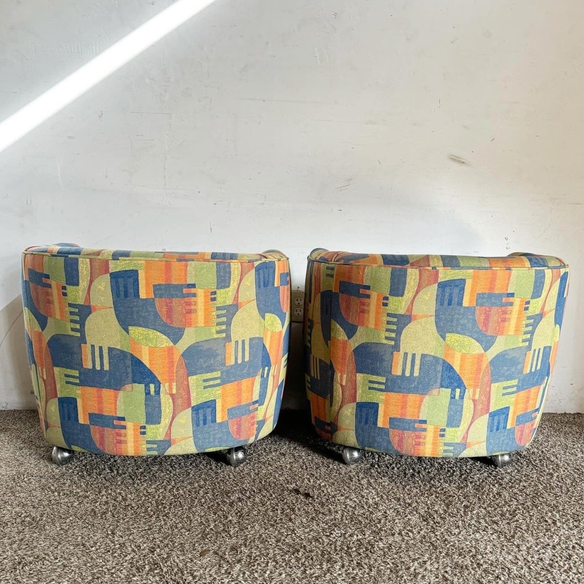 Postmodern Multi Color Barrel Chairs in Chrome Casters - Dolphin & Flamingo