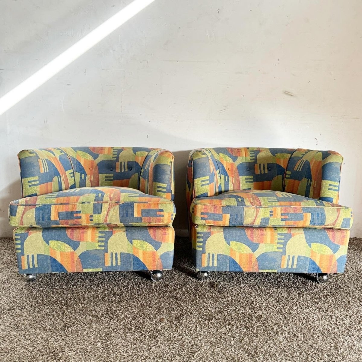 Postmodern Multi Color Barrel Chairs in Chrome Casters - Dolphin & Flamingo