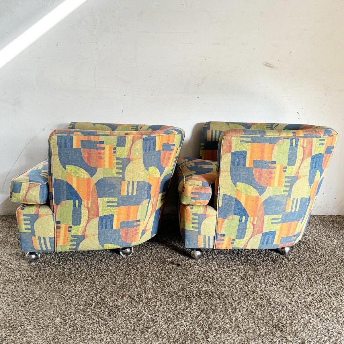 Postmodern Multi Color Barrel Chairs in Chrome Casters - Dolphin & Flamingo