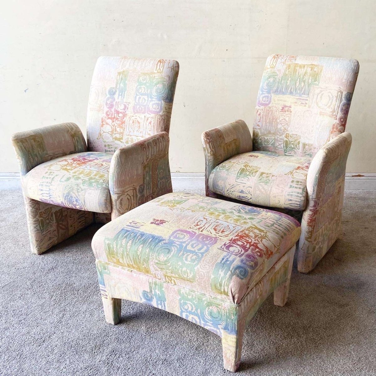 Postmodern Multicolored Sculpted Armchairs With Ottoman - Dolphin & Flamingo
