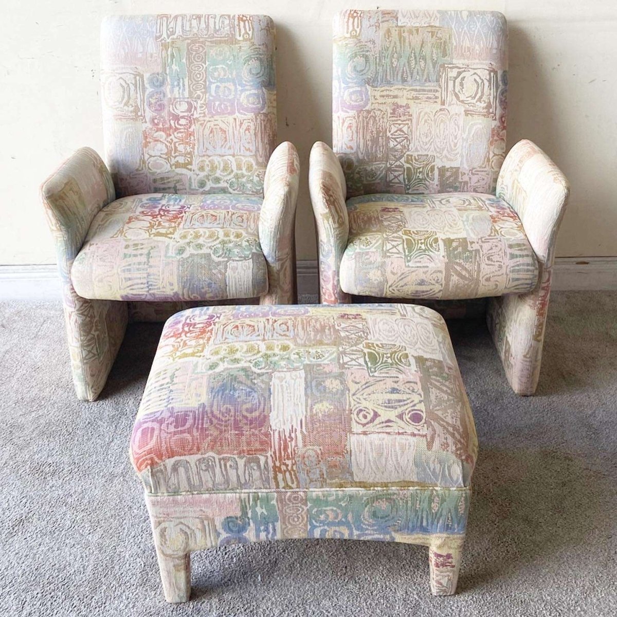 Postmodern Multicolored Sculpted Armchairs With Ottoman - Dolphin & Flamingo
