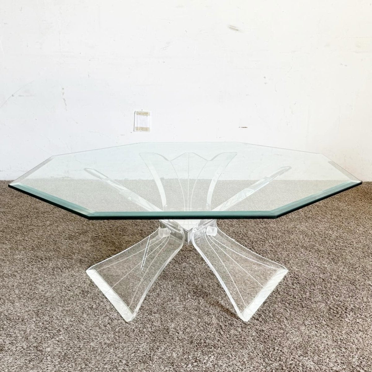 Postmodern Octagonal Beveled Glass Top Lucite Coffee Table - Dolphin & Flamingo