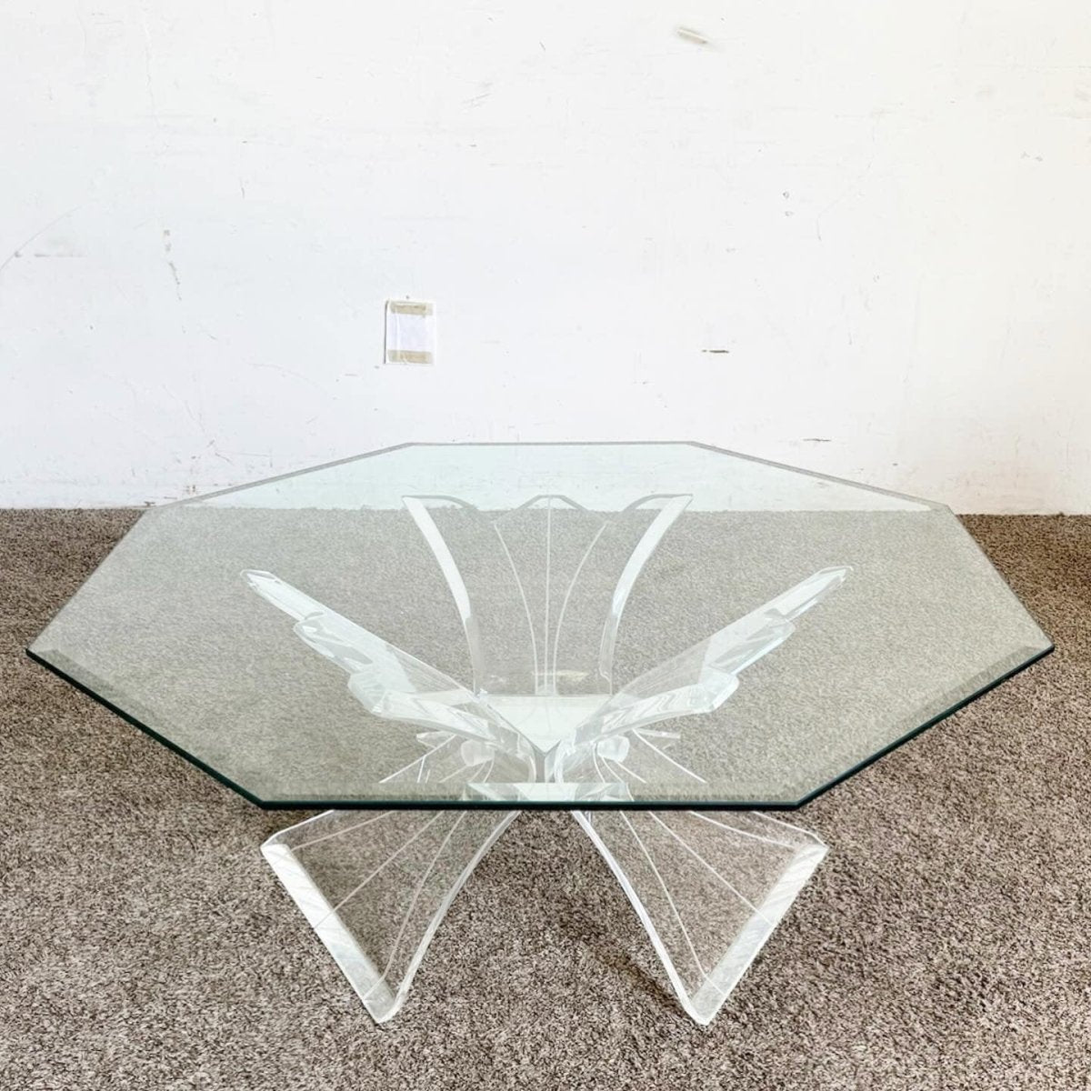 Postmodern Octagonal Beveled Glass Top Lucite Coffee Table - Dolphin & Flamingo