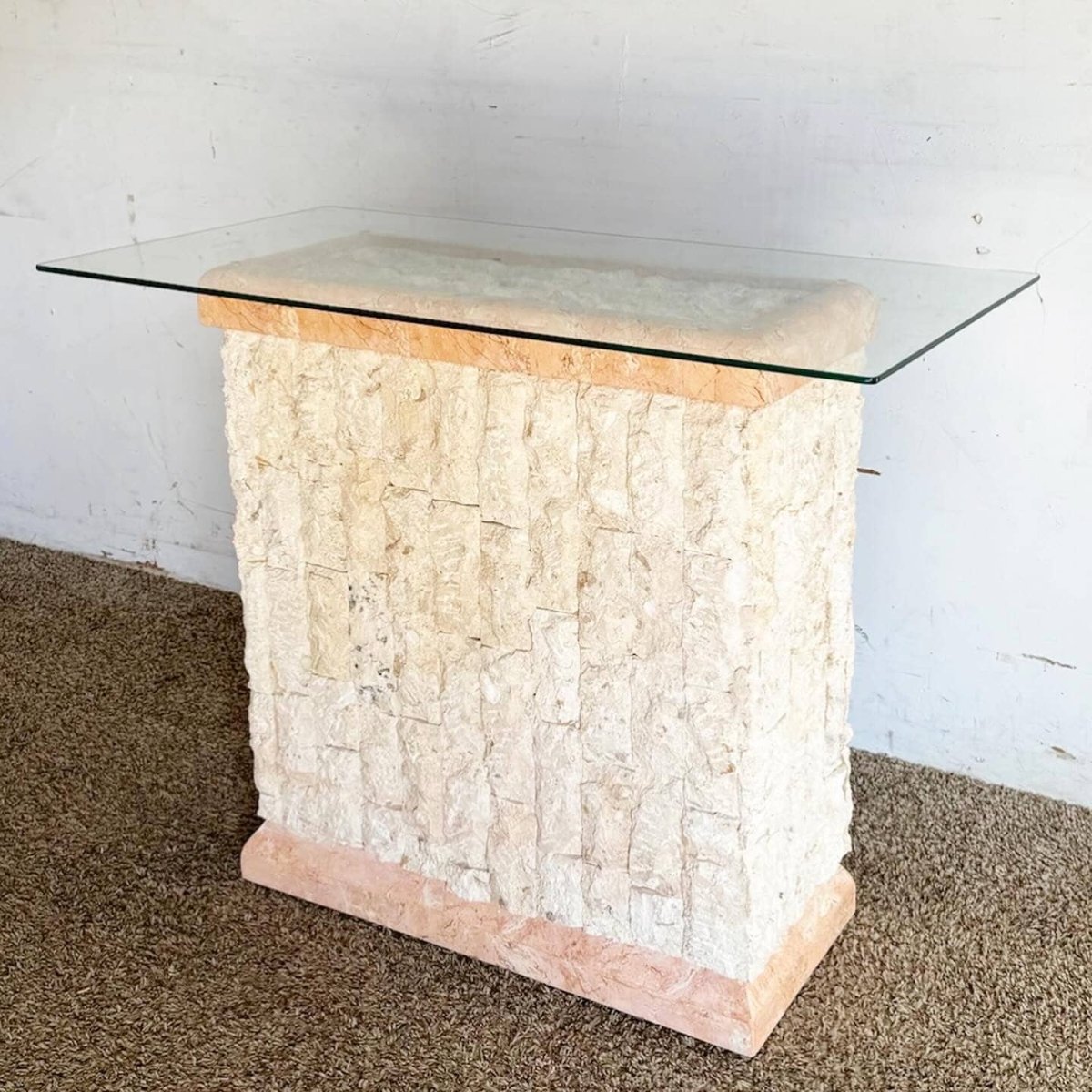 Postmodern Pink and Beige Tessellated Stone Console Table - Dolphin & Flamingo