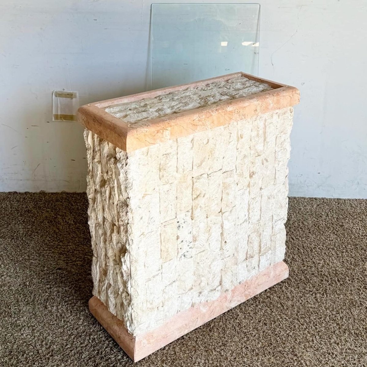 Postmodern Pink and Beige Tessellated Stone Console Table - Dolphin & Flamingo