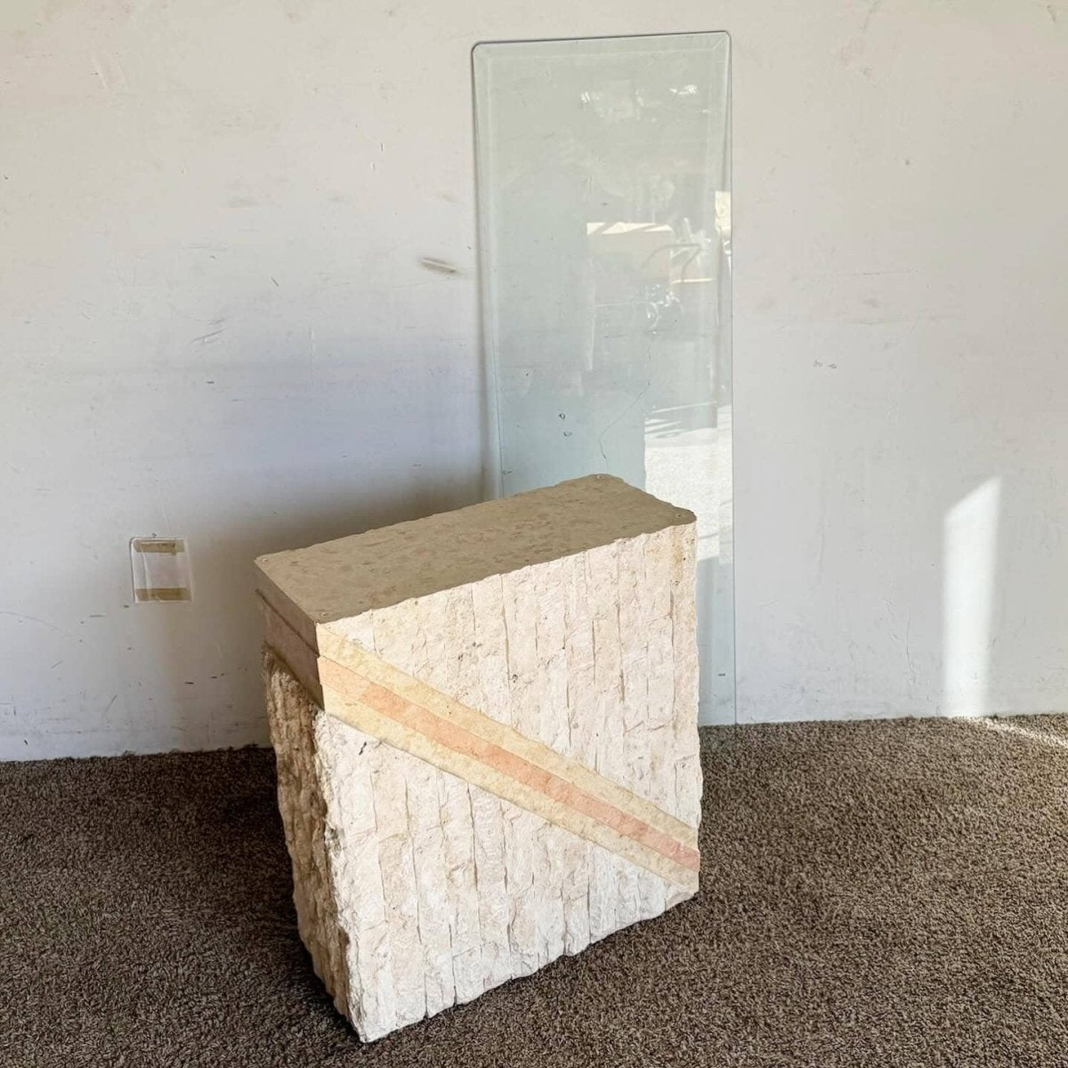 Postmodern Pink and Beige Tessellated Stone Glass Top Console Table - Dolphin & Flamingo