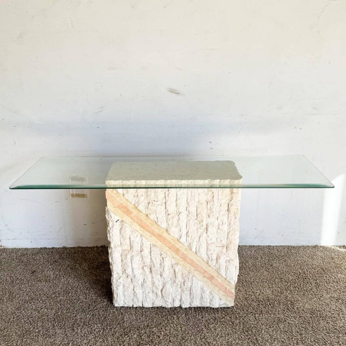 Postmodern Pink and Beige Tessellated Stone Glass Top Console Table - Dolphin & Flamingo