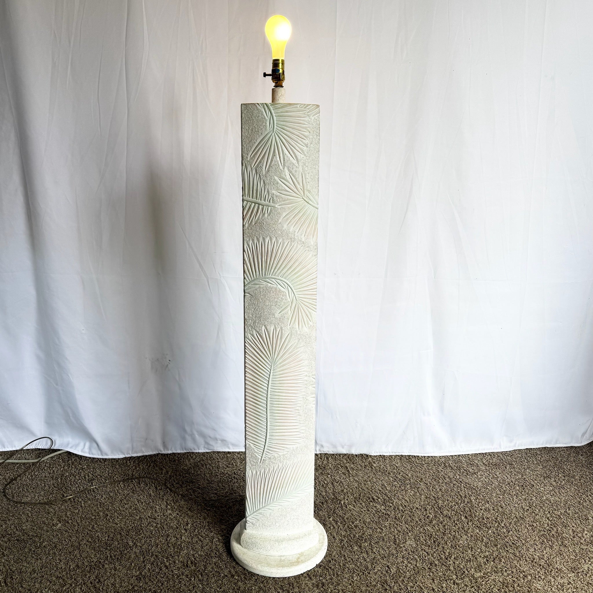 Postmodern Pink and Green on White Palm Frawn Sculpted Plaster Floor Lamp - Dolphin & Flamingo