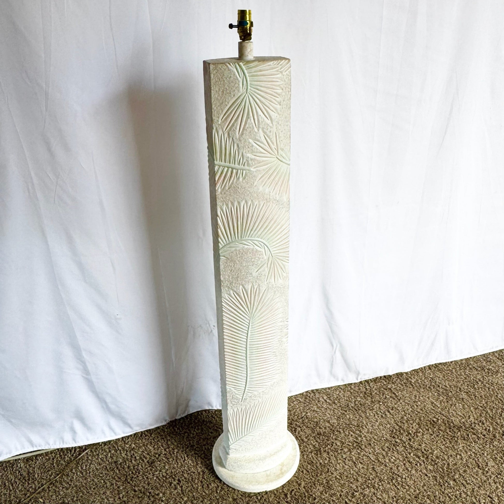 Postmodern Pink and Green on White Palm Frawn Sculpted Plaster Floor Lamp - Dolphin & Flamingo
