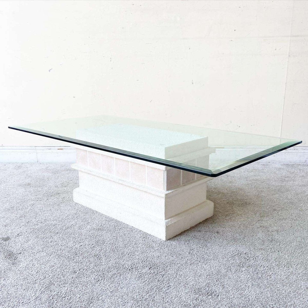 Postmodern Pink Ceramic and Stucco Glass Top Coffee Table - Dolphin & Flamingo