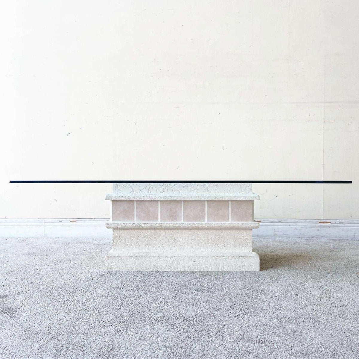 Postmodern Pink Ceramic and Stucco Glass Top Coffee Table - Dolphin & Flamingo