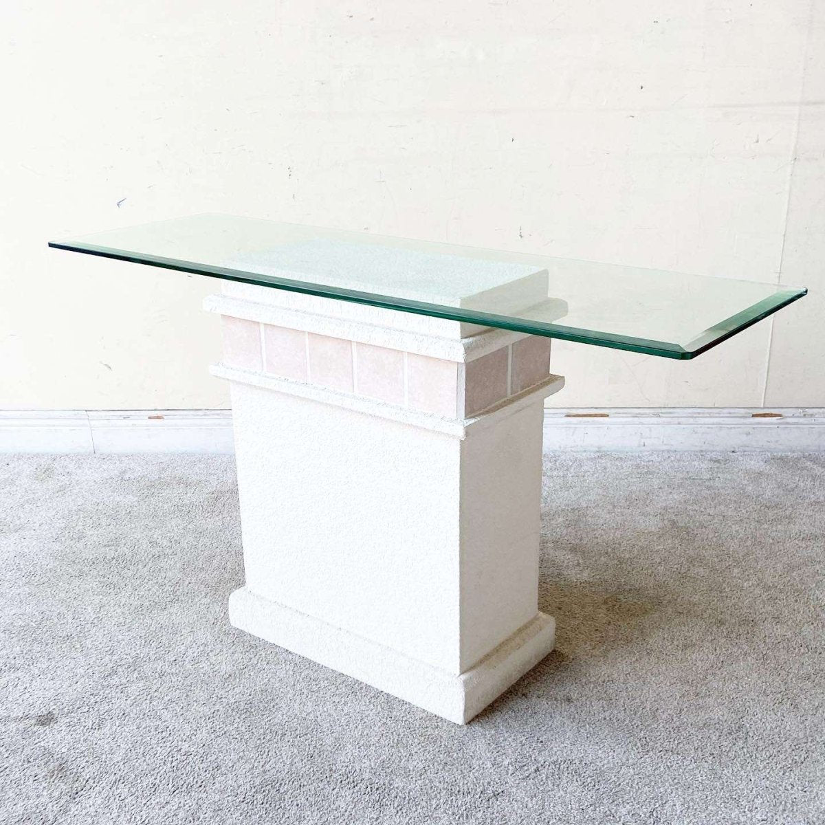 Postmodern Pink Ceramic and Stucco Glass Top Console Table - Dolphin & Flamingo