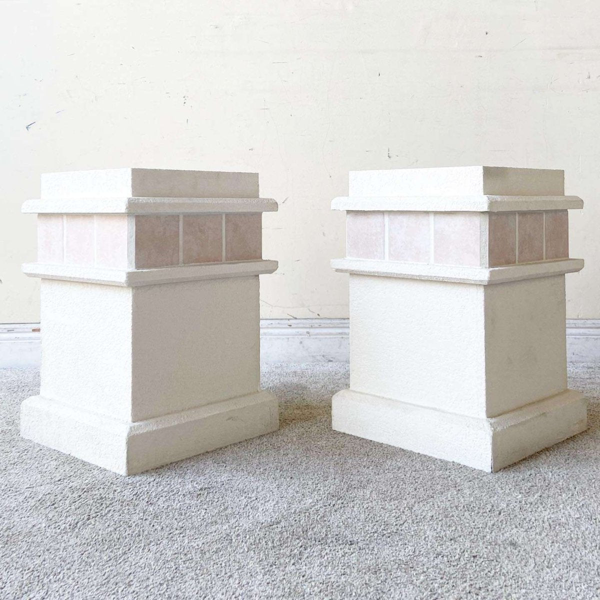 Postmodern Pink Ceramic and Stucco Pedestal Side Table - Dolphin & Flamingo