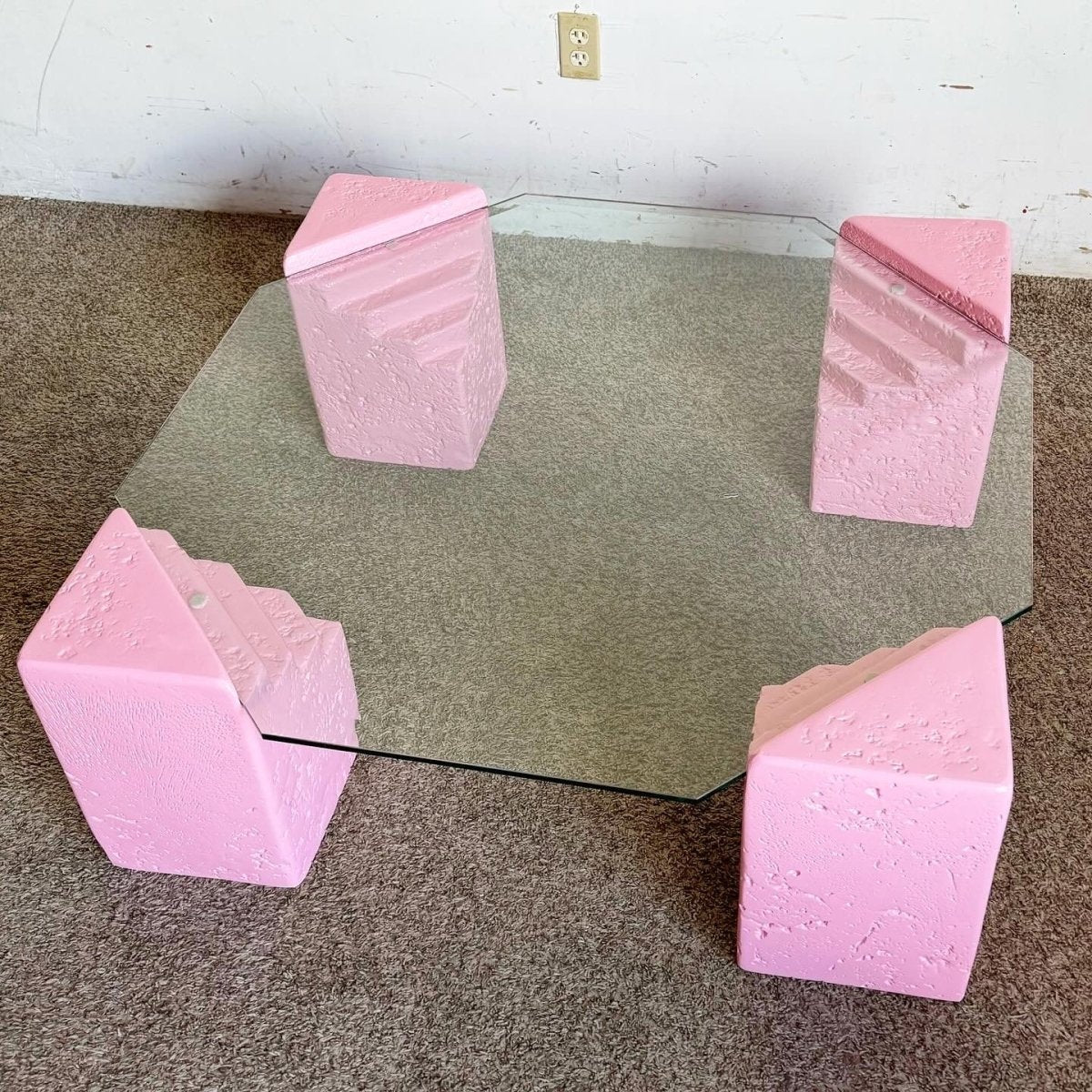 Postmodern Pink Faux Coral Plaster Octagonal Glass Top Coffee Table - Dolphin & Flamingo