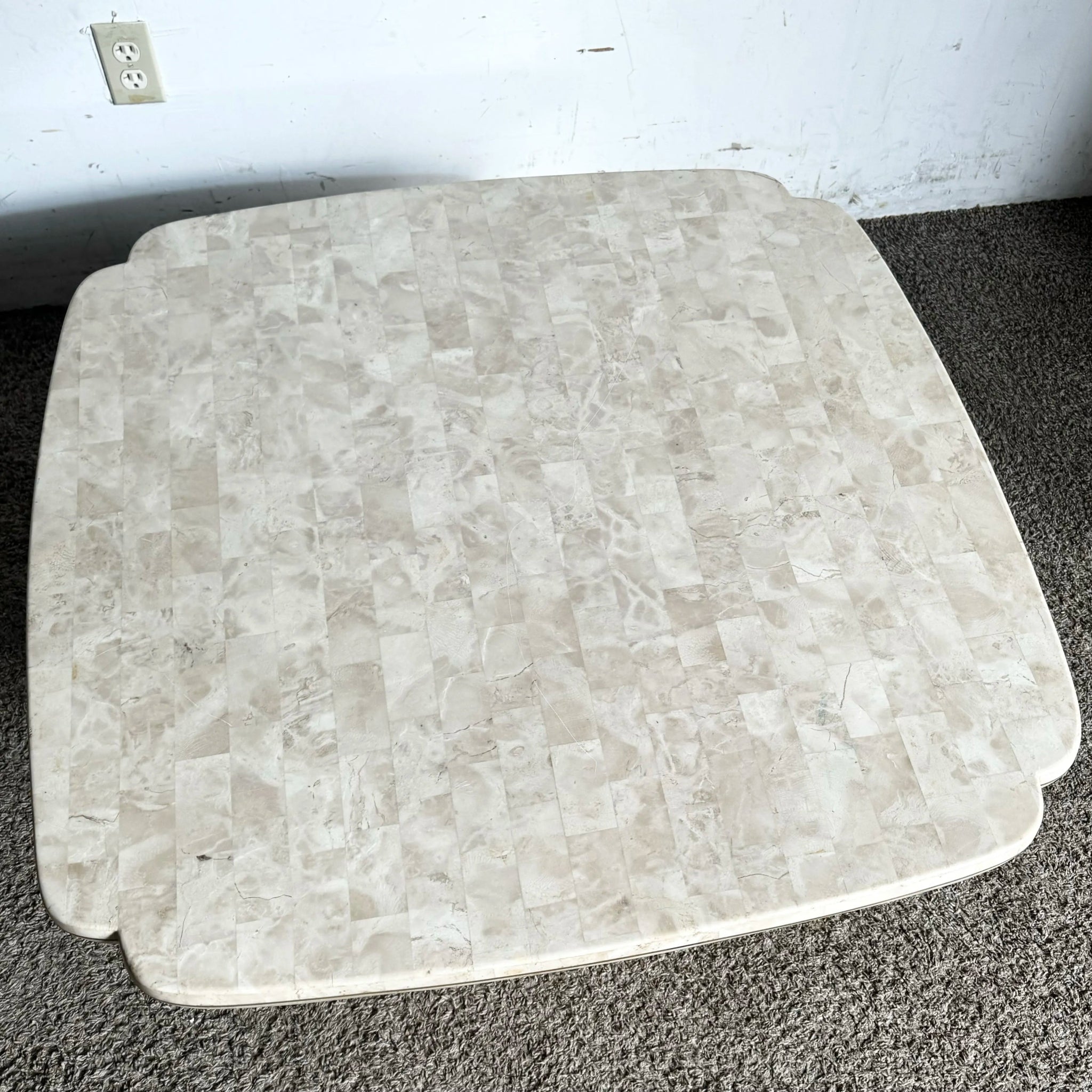 Postmodern Polished Tessellated Stone Sculpted Coffee Table With Brass Inlay - Dolphin & Flamingo