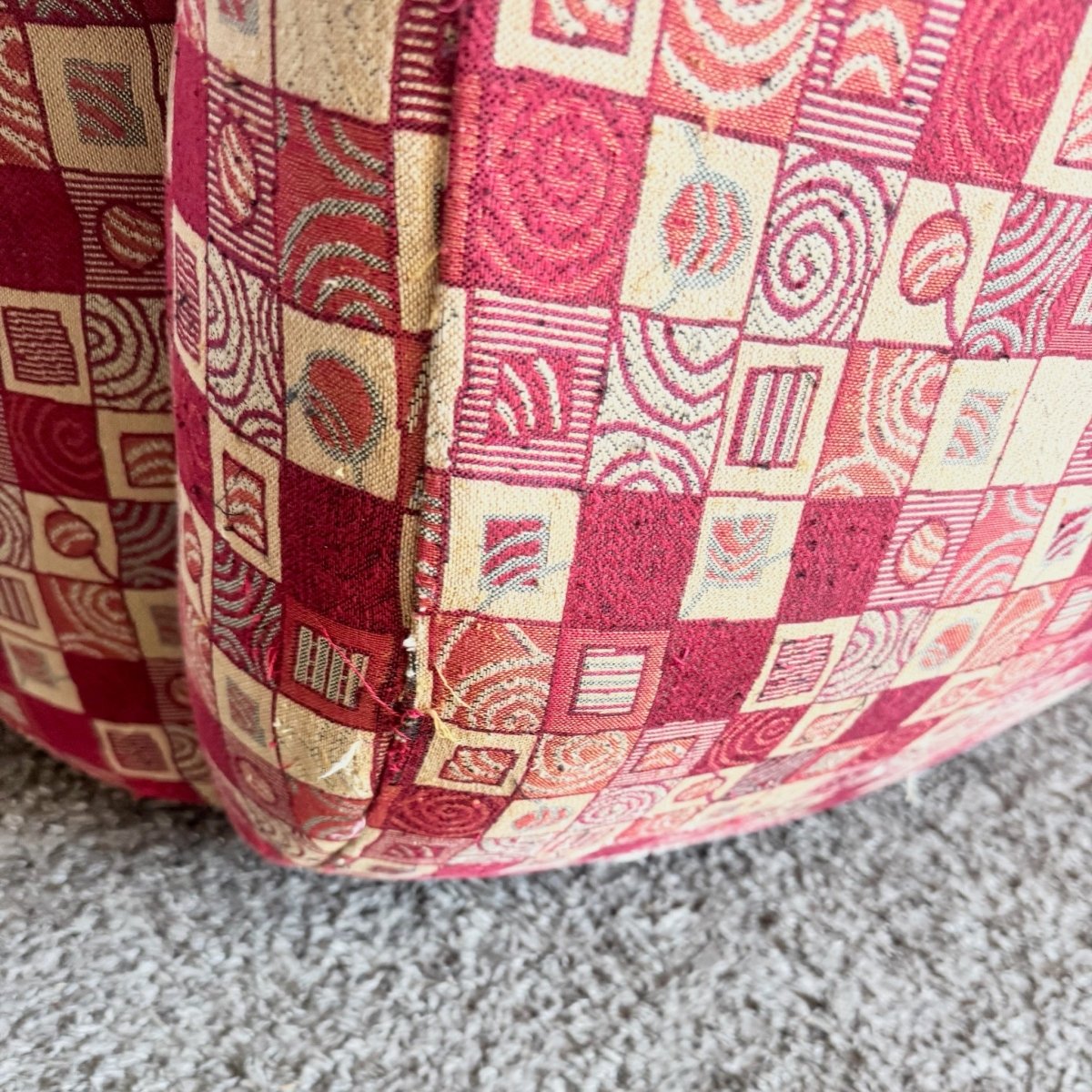 Postmodern Red and Gold Fabric Sculpted Swivel Arm Chairs - A Pair - Dolphin & Flamingo