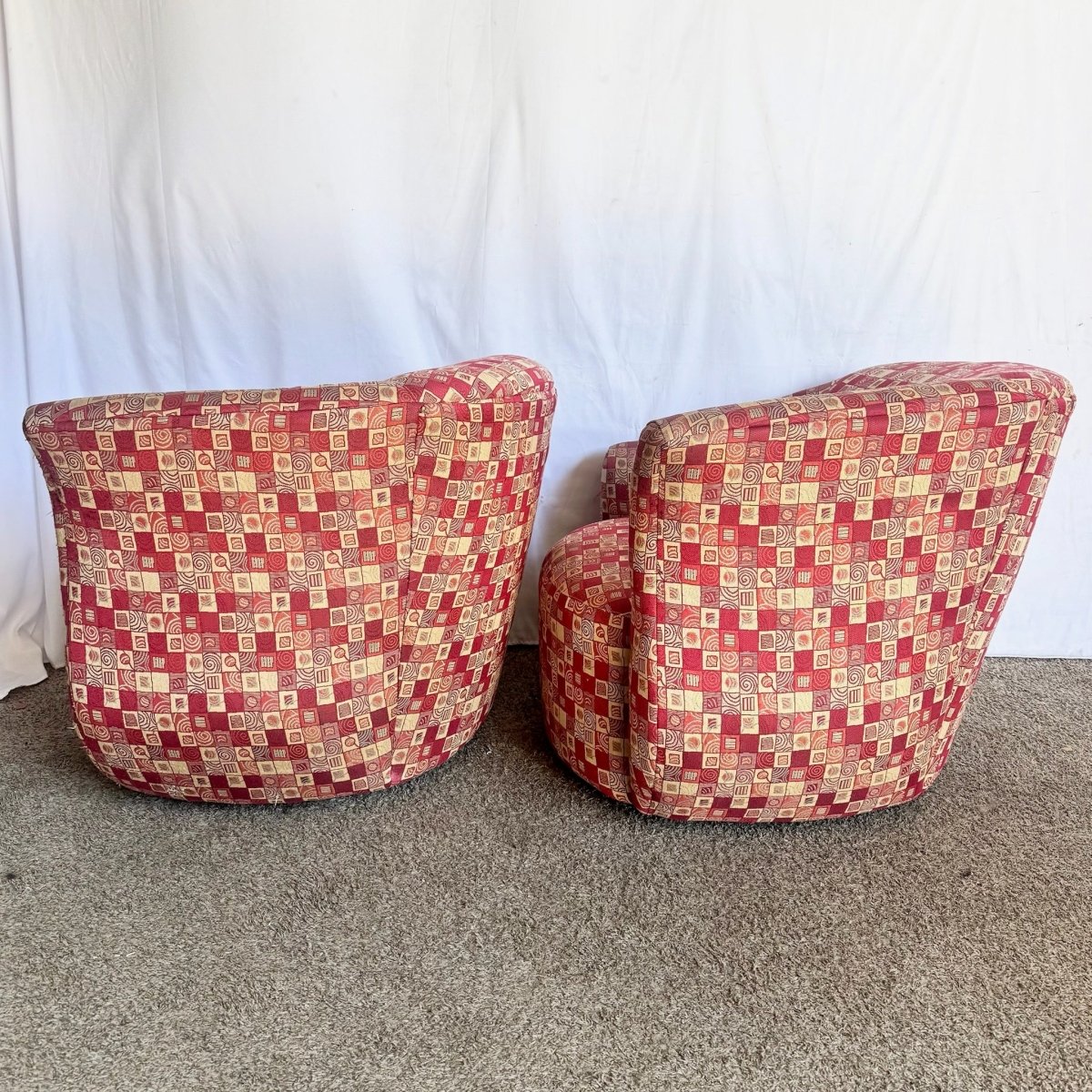 Postmodern Red and Gold Fabric Sculpted Swivel Arm Chairs - A Pair - Dolphin & Flamingo