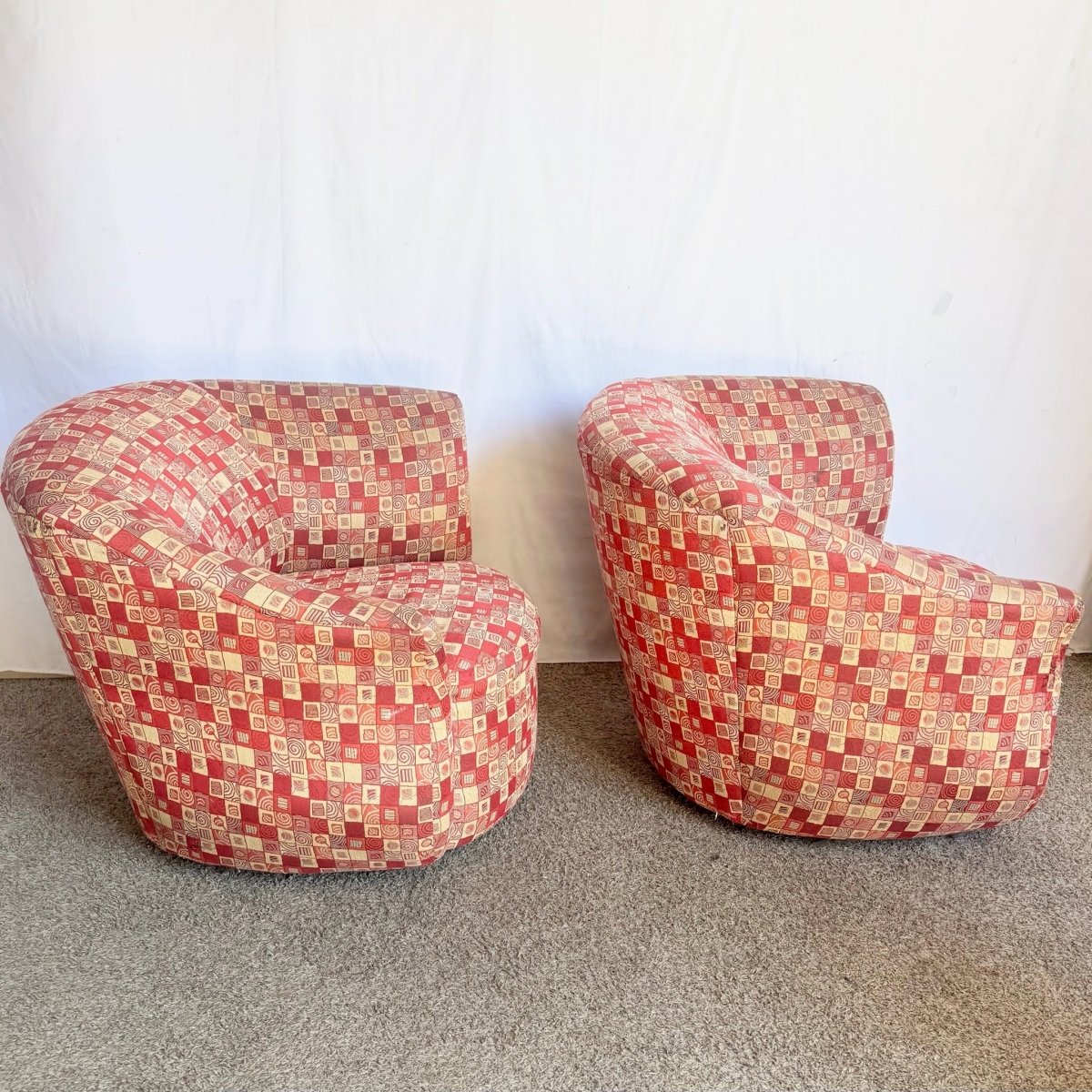 Postmodern Red and Gold Fabric Sculpted Swivel Arm Chairs - A Pair - Dolphin & Flamingo