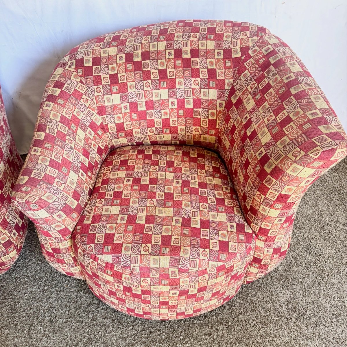 Postmodern Red and Gold Fabric Sculpted Swivel Arm Chairs - A Pair - Dolphin & Flamingo