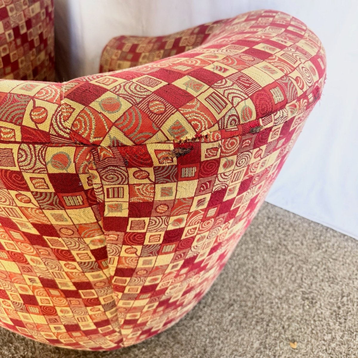 Postmodern Red and Gold Fabric Sculpted Swivel Arm Chairs - A Pair - Dolphin & Flamingo