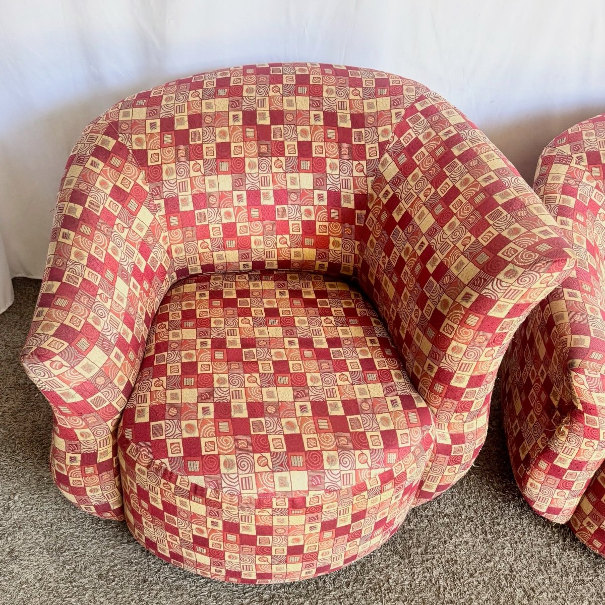 Postmodern Red and Gold Fabric Sculpted Swivel Arm Chairs - A Pair - Dolphin & Flamingo