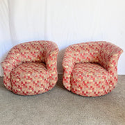 Postmodern Red and Gold Fabric Sculpted Swivel Arm Chairs - A Pair - Dolphin & Flamingo