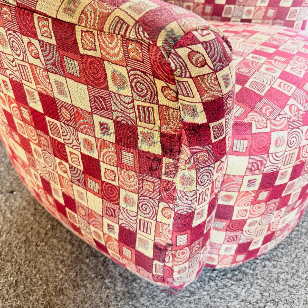 Postmodern Red and Gold Fabric Sculpted Swivel Arm Chairs - A Pair - Dolphin & Flamingo