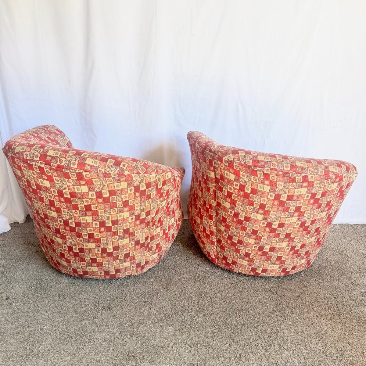 Postmodern Red and Gold Fabric Sculpted Swivel Arm Chairs - A Pair - Dolphin & Flamingo