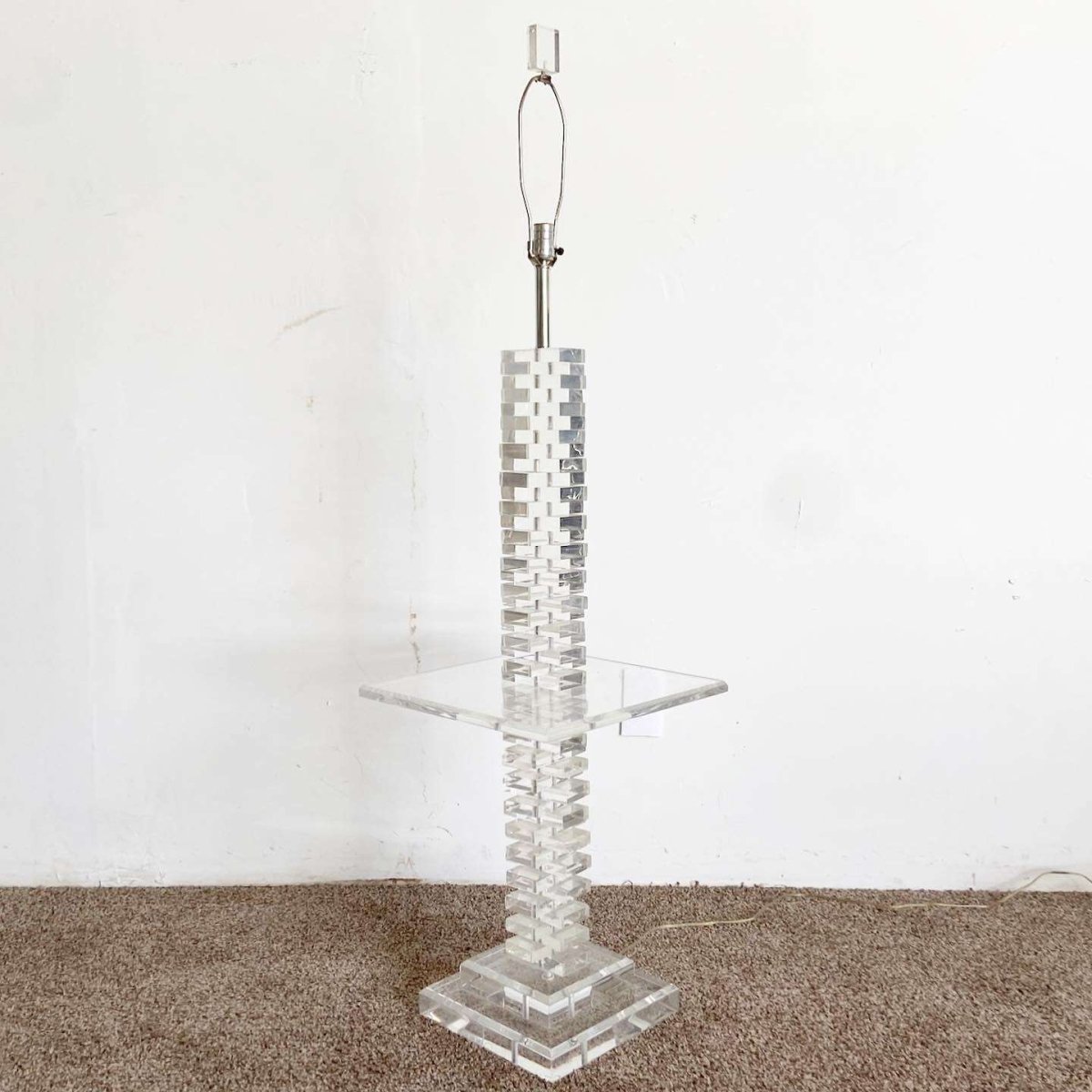 Postmodern Stacked Lucite Floor Lamp/Side Table - Dolphin & Flamingo