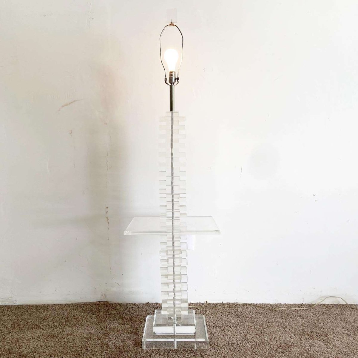 Postmodern Stacked Lucite Floor Lamp/Side Table - Dolphin & Flamingo