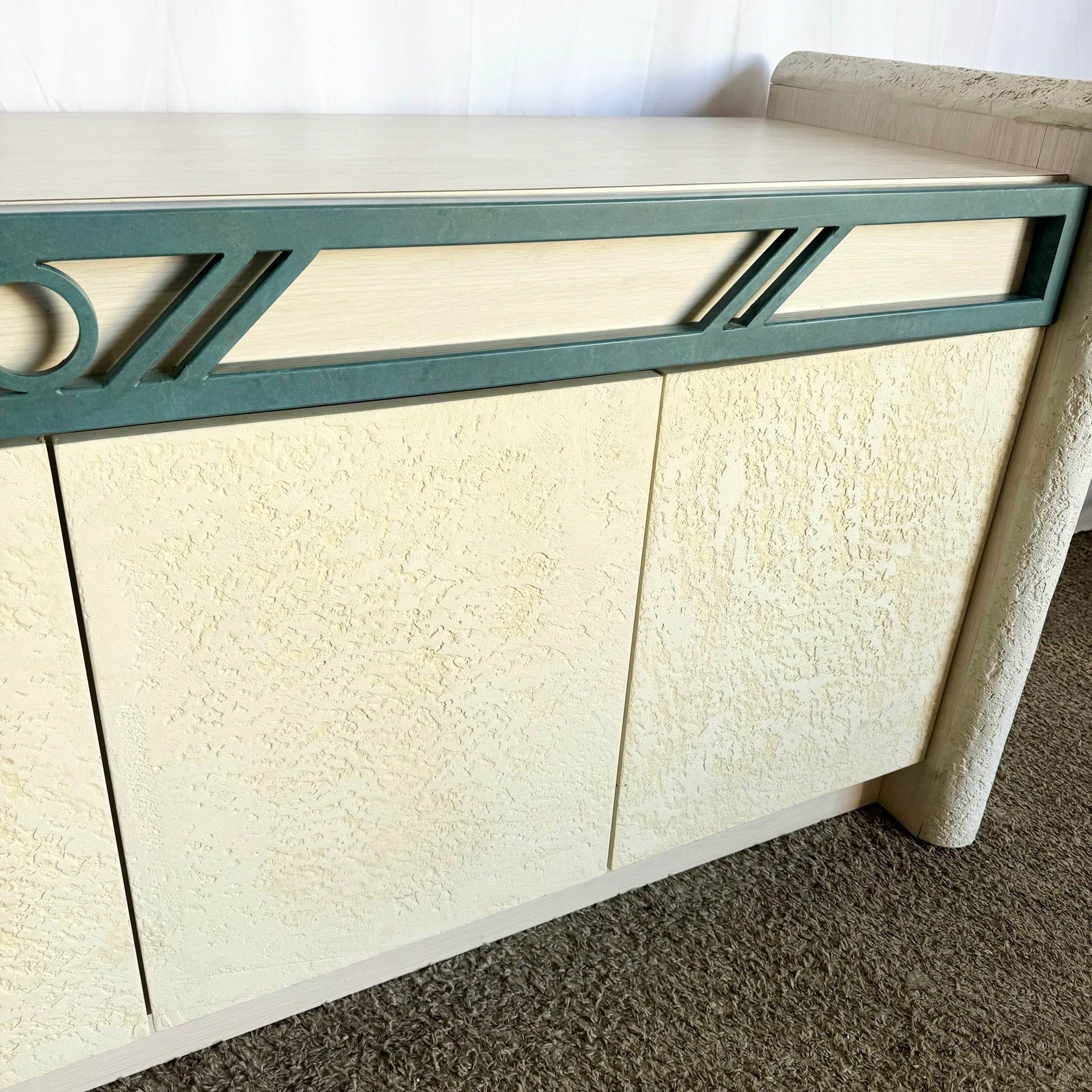 Postmodern Stucco Wood Grain Laminate Credenza - Dolphin & Flamingo