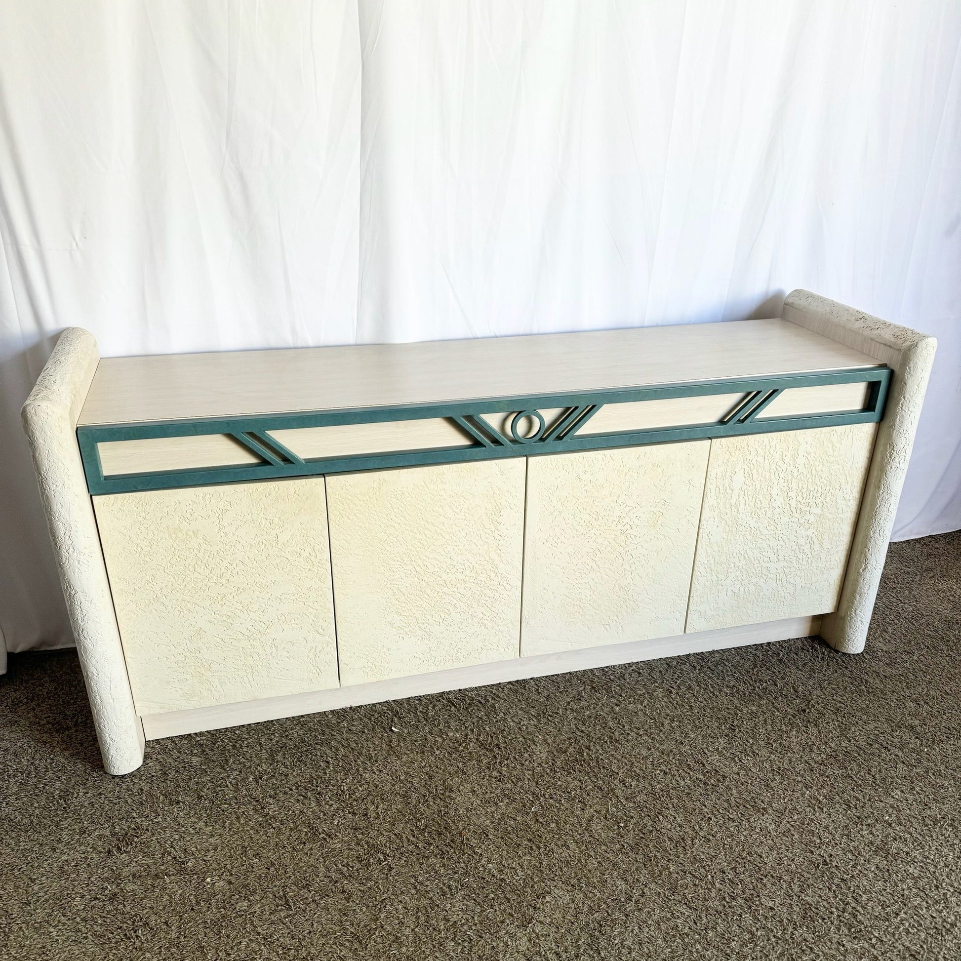 Postmodern Stucco Wood Grain Laminate Credenza - Dolphin & Flamingo