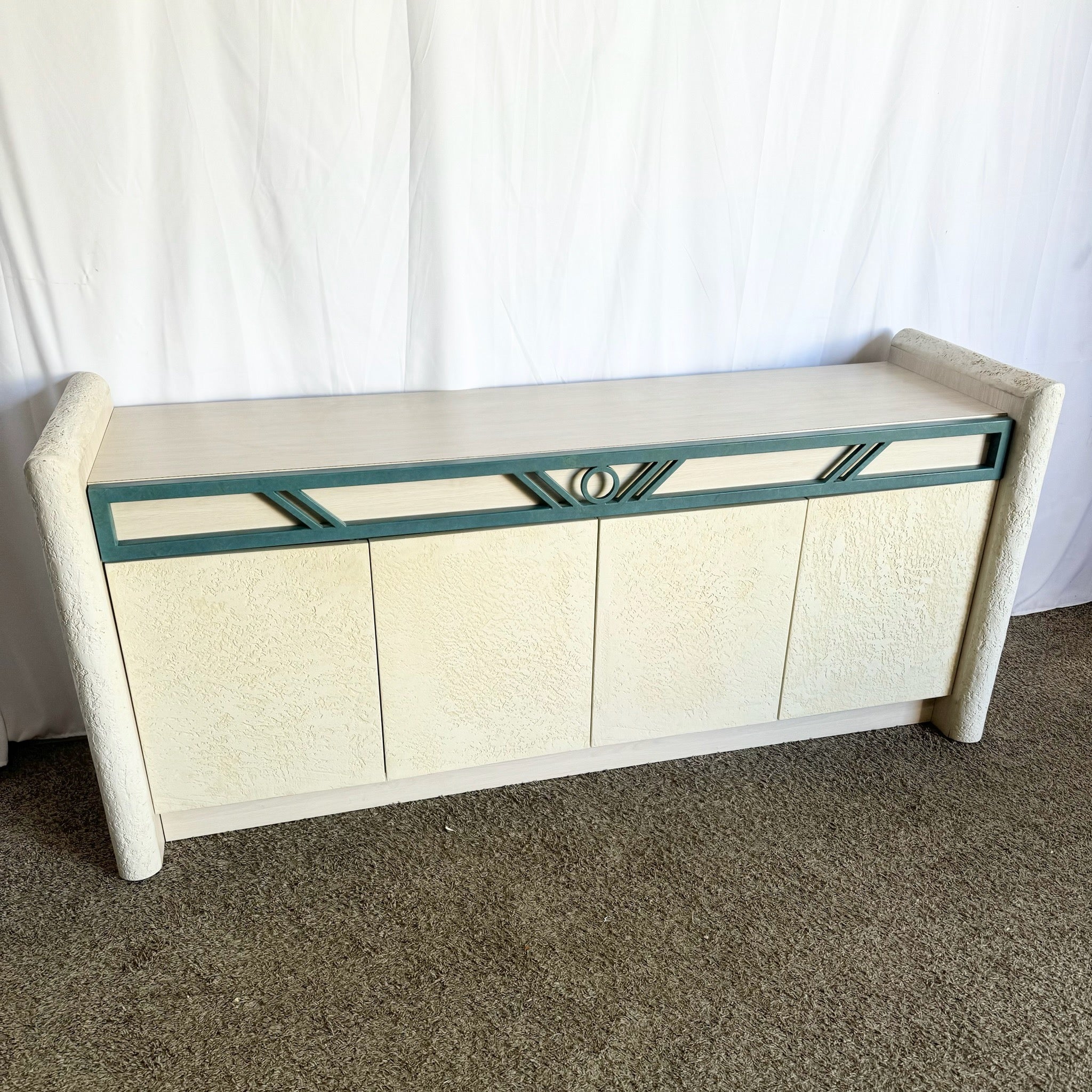 Postmodern Stucco Wood Grain Laminate Credenza - Dolphin & Flamingo